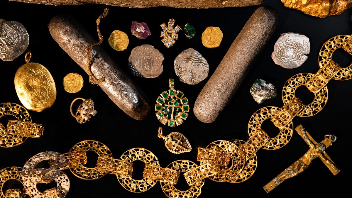 A sampling of priceless treasures like gold and jewels found at a shipwreck site in the Bahamas.