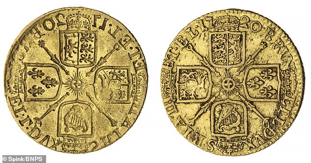 The coins were traced as belonging to a wealthy and influential merchant family from Hull, the Fernley-Maisters. This rare 'twin tailed' George I guinea  (pictured) has  a mint error and is expected to fetch £4,000