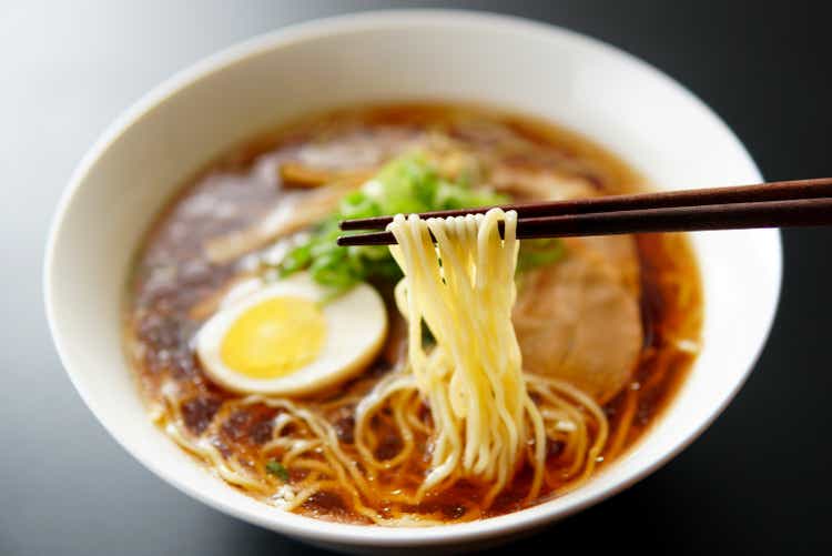 Ramen noodles in soy sauce flavored soup.