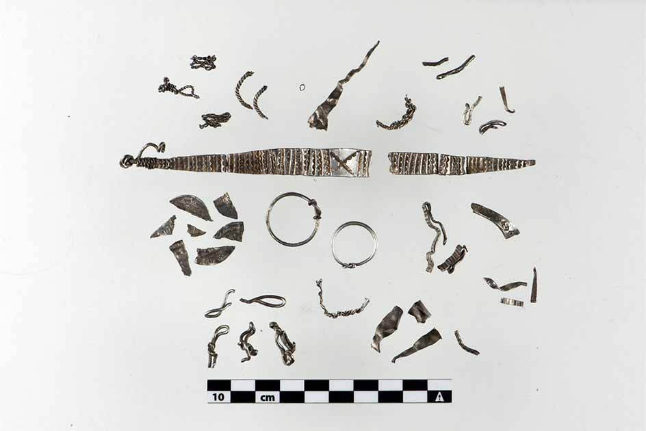 The Viking silver hoard from Stjørdal, Norway consists of a total of 46 objects in silver. Source: Birgit Maixner, NTNU Science Museum.